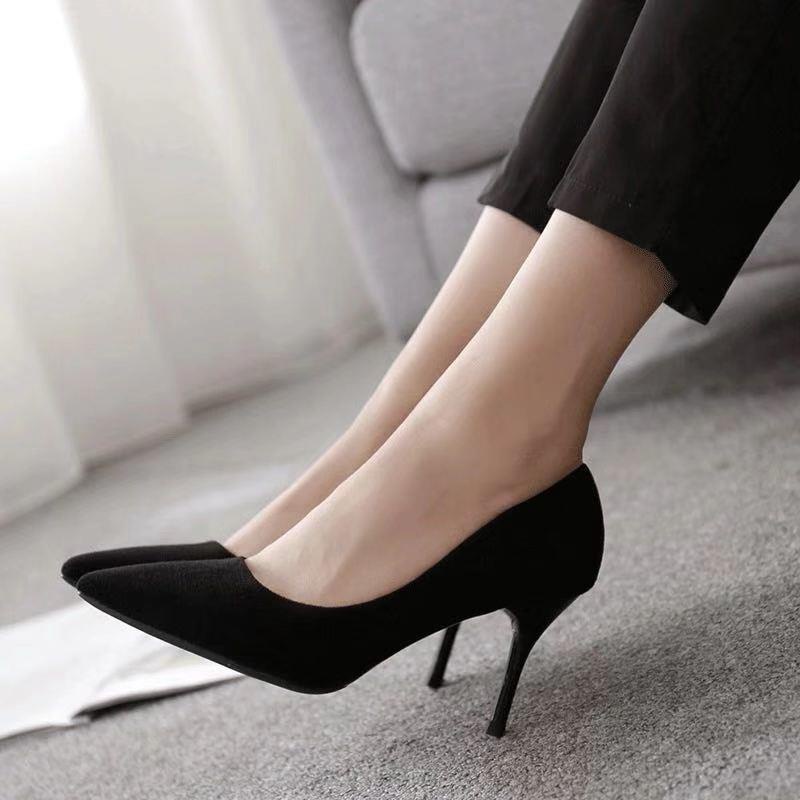 Black Suede High Heels Women Stiletto Etiquette Shoes 2021 Fall/Winter 5Cm All-Match Pointed Toe Shoes Formal Work Shoes