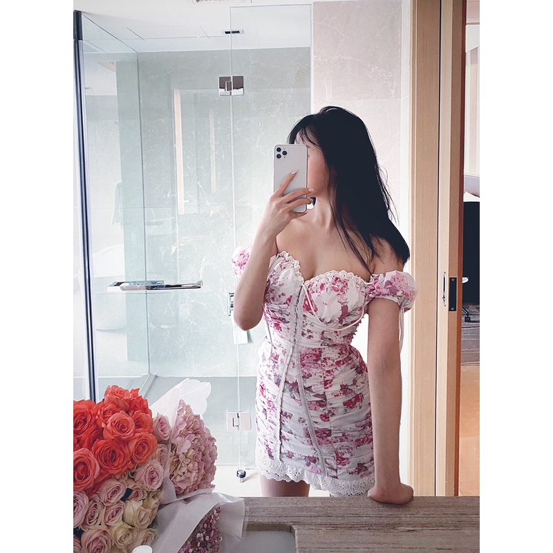 Đầm hoa nữ dáng ôm trễ vai tay ngắn Emilyshop