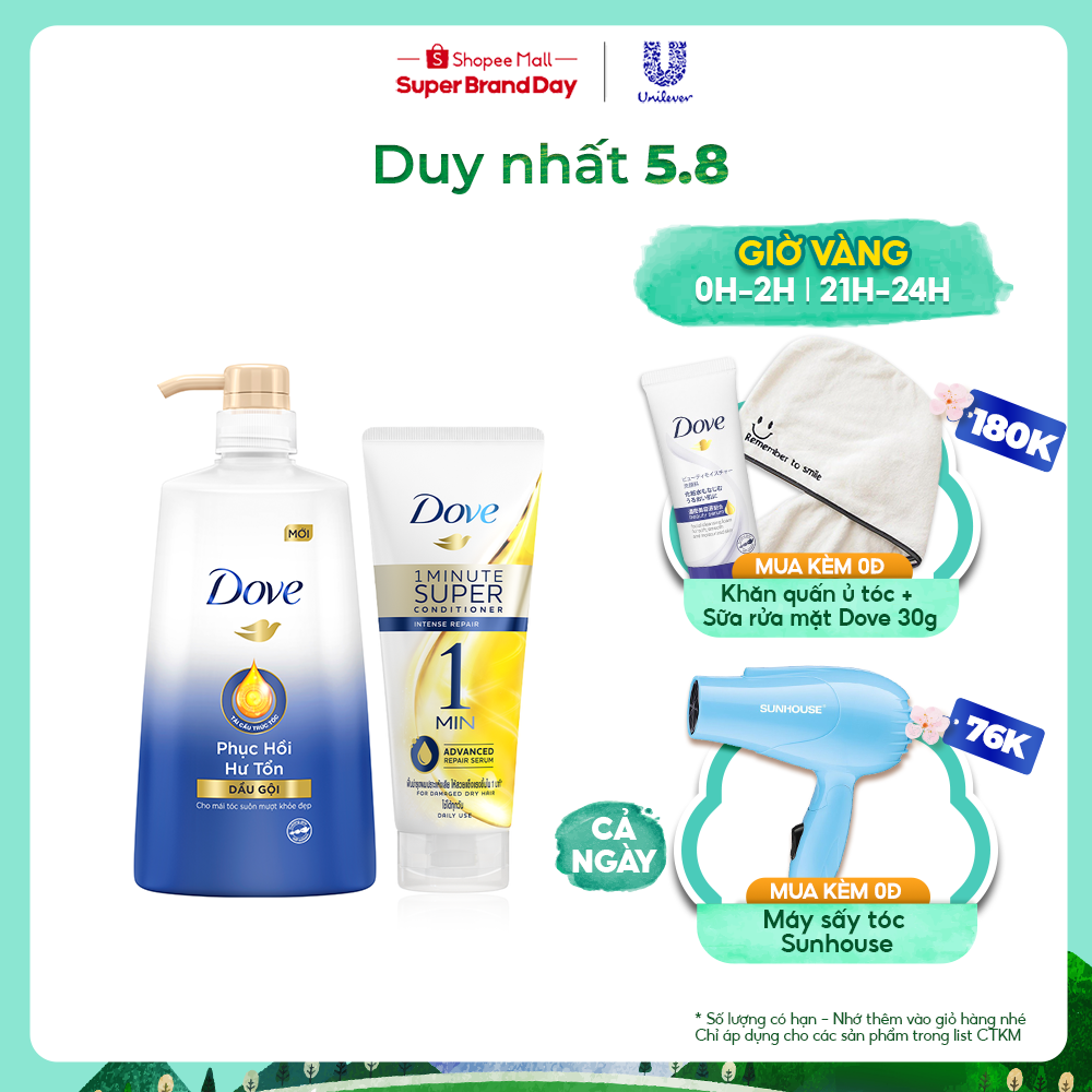 Combo Dầu gội Dove Phục Hồi Hư Tổn 880g & Kem Xả Dove Phục Hồi Hư Tổn 1 Phút Siêu Dưỡng 180ml