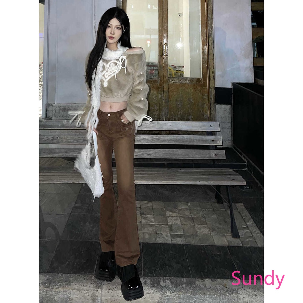 Quần Jean Dài Lưng Cao Màu Nâu Phong Cách Vintage Thời Trang Xuân Thu Cho Nữ