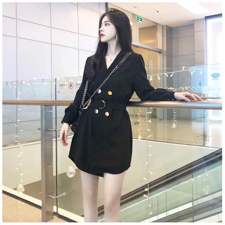 [ẢNH THẬT] Đầm Vest 4 Nút + Betl (ĐEN) | BigBuy360 - bigbuy360.vn