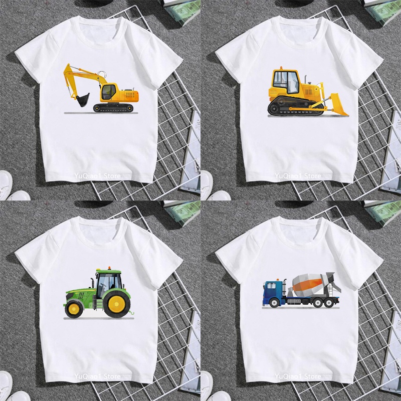 Áo Thun In Hình Xe Xây Dựng / Chó Bull / Xe Tải Hoạt Hình Cho Bé Trai 3-13 Tuổi