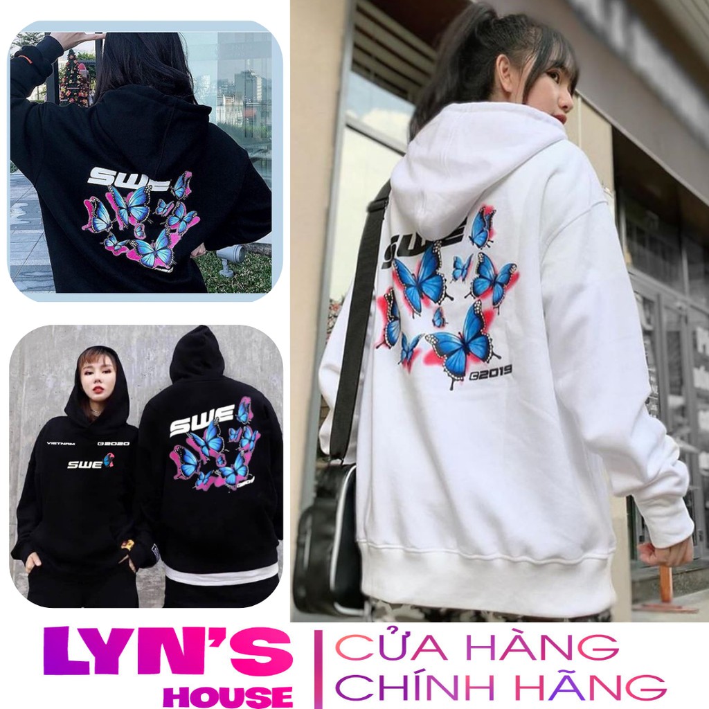Áo khoác hoodie nỉ Lyn House in hình SWE Butterfly dành cho nam cho nữ và cặp đôi, form rộng unisex 2 màu trắng đen