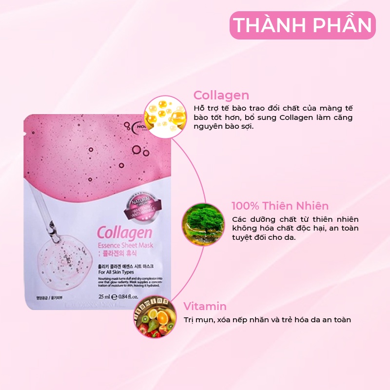 Hộp 10 Túi Mặt nạ giấy dưỡng da HOLIKEY Hàn Quốc chiết xuất từ Collagen làm căng & trắng da 25mlx10