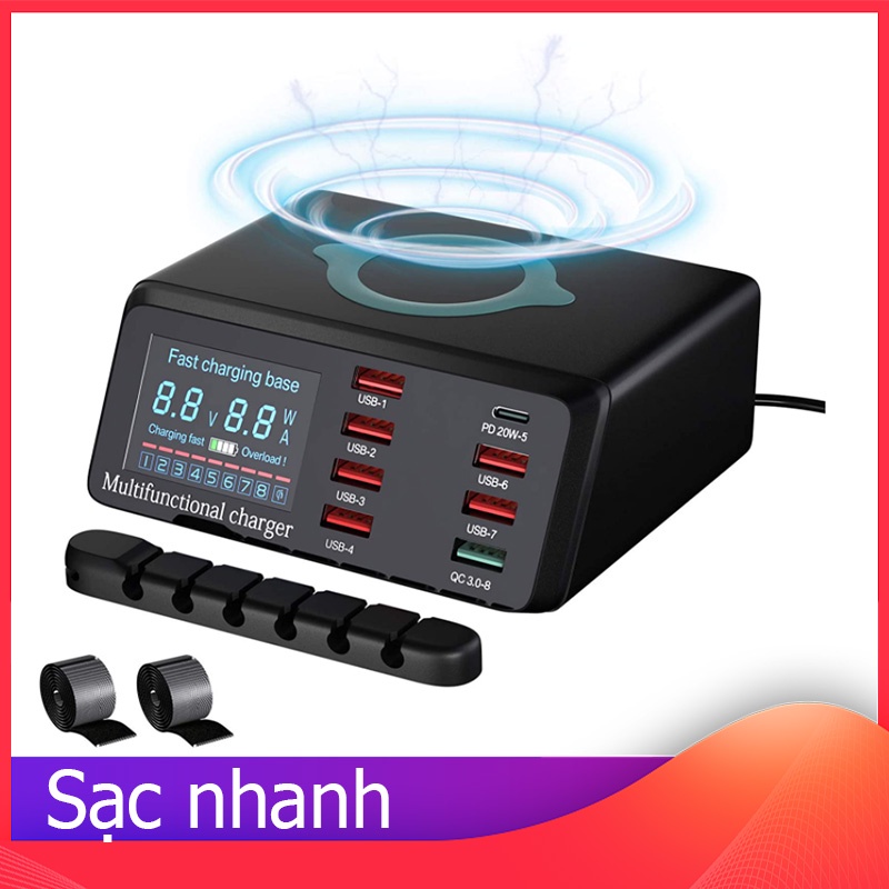 Hub sạc nhanh USB 100W với 8 cổng, có thể kết nối với nhiều cổng loại C, cổng USB Quick Charge 3.0, bộ sạc không dây