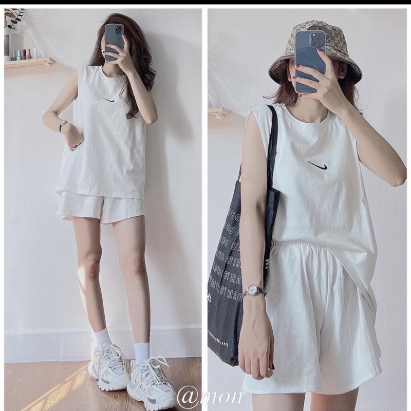 Bộ TankTop Trắng Cổ Tròn Hình Lưỡi Liềm