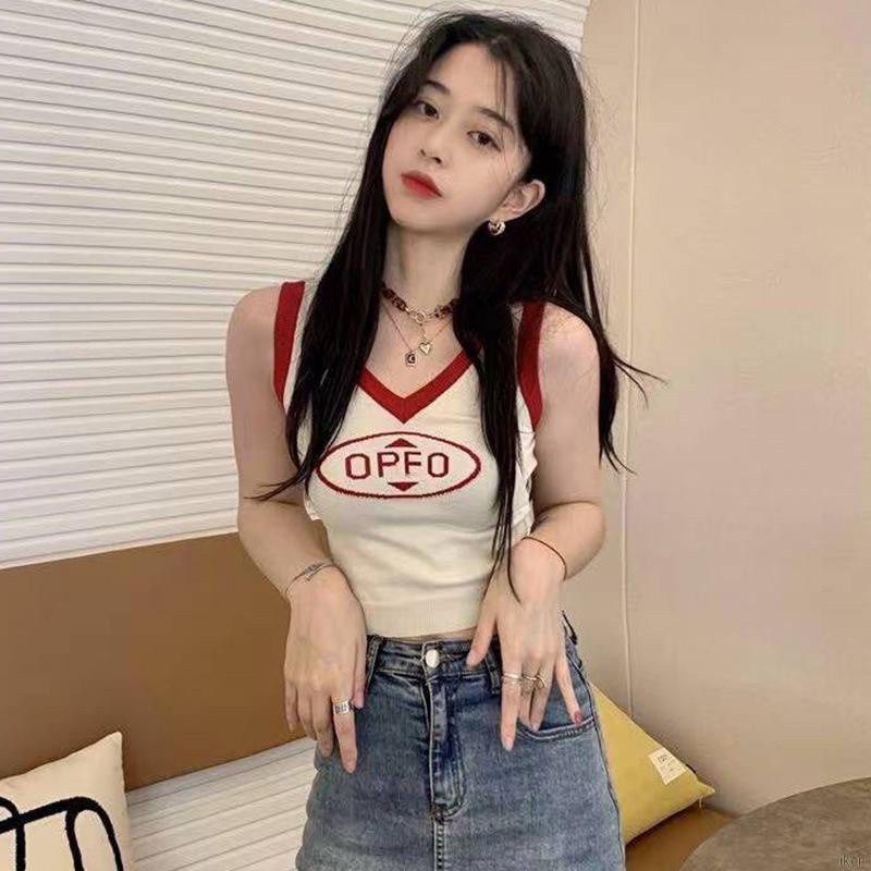 Áo tank top dệt kim cổ chữ v in chữ phối màu tương phản quyến rũ cho nữ