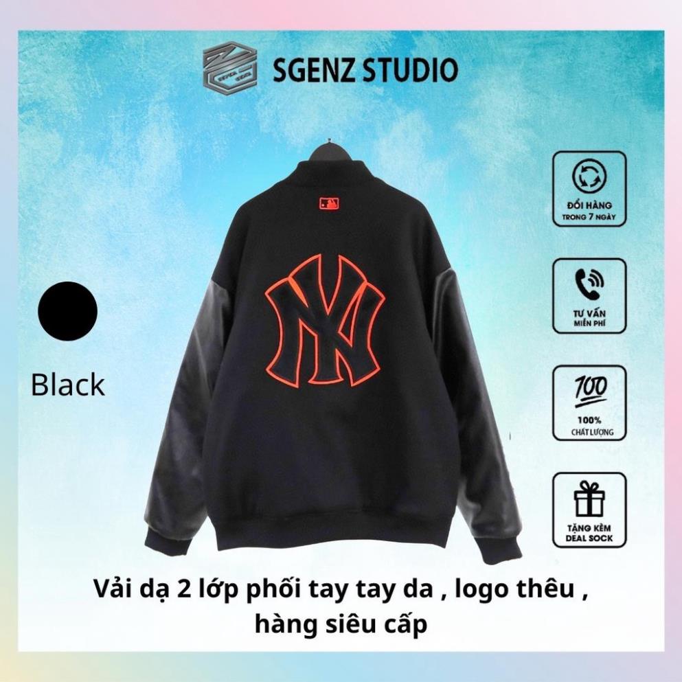 Áo varsity jacket M.L.B NY dạ dày dặn phối tay da,Áo bomber dạ form rộng nam nữ 98.studio