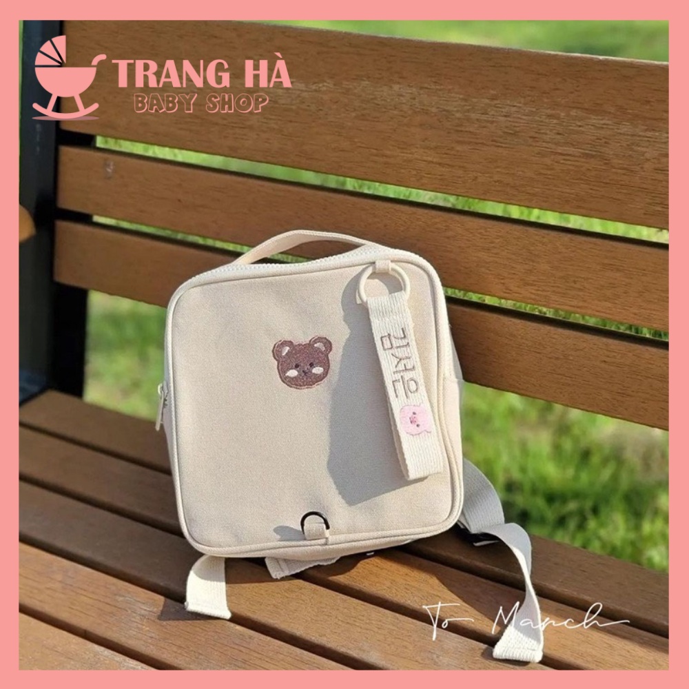 Balo Đi Học, Đi Du Lịch Cho Bé Thêu Gấu Phong Cách Hàn Quốc Chất Liệu Vải Canvas Cao Cấp Lamkids