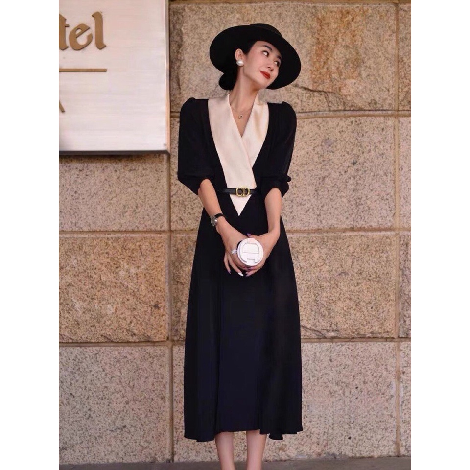 CIXI DRESS - Váy đen phối cổ mix đai sang chảnh quyến rũ hàng thiết kế chuẩn shop