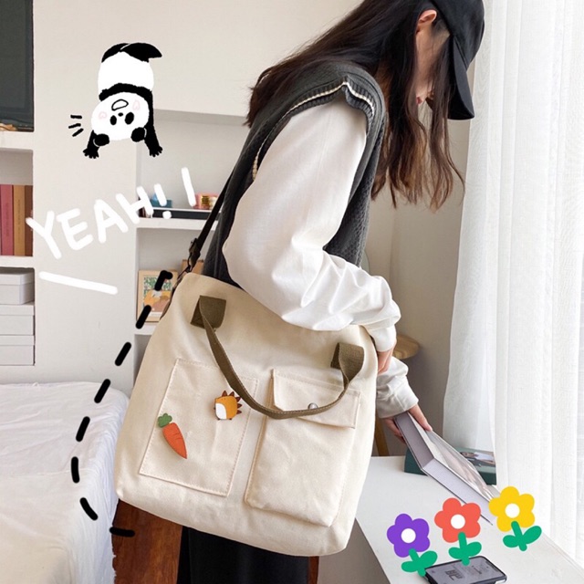 Túi tote vải canvas FREESHIP đeo chéo đeo vai ulzzang hàn quốc xinh xắn ( có kèm sticker )