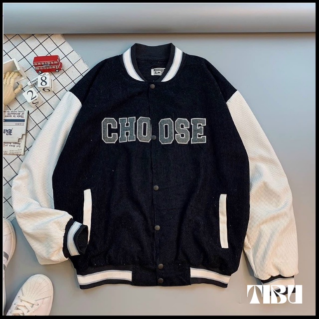 Áo Khoác Bomber Nhung Tăm Gân 2 Lớp Thêu Chữ CHOOSE ❤ Áo BomBer Bóng Chày Nam Nữ Phong Cách Hàn Quốc