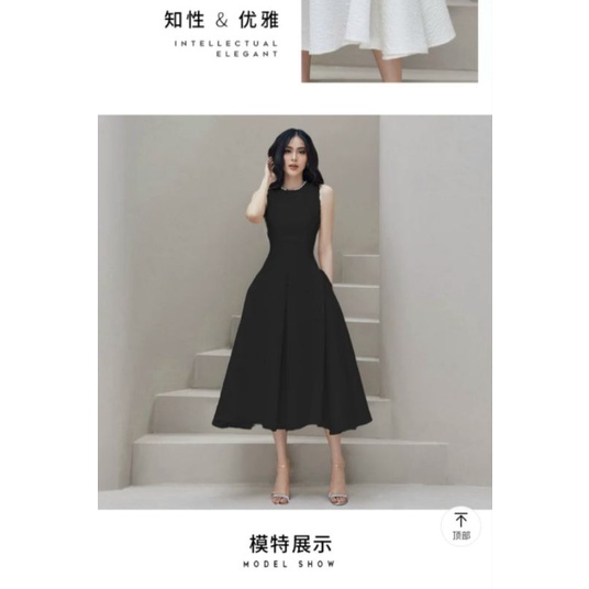Đầm xoè midi gấm nổi cổ đính hạt qc