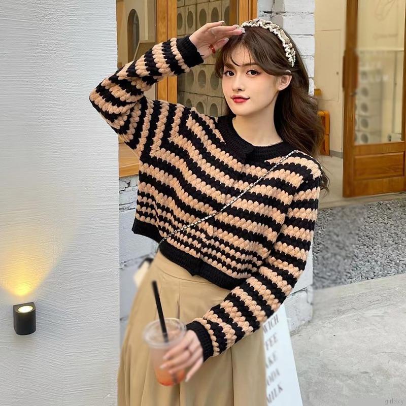 Áo khoác cardigan dệt kim cổ tròn dáng rộng họa tiết kẻ sọc phong cách Hàn Quốc cho nữ