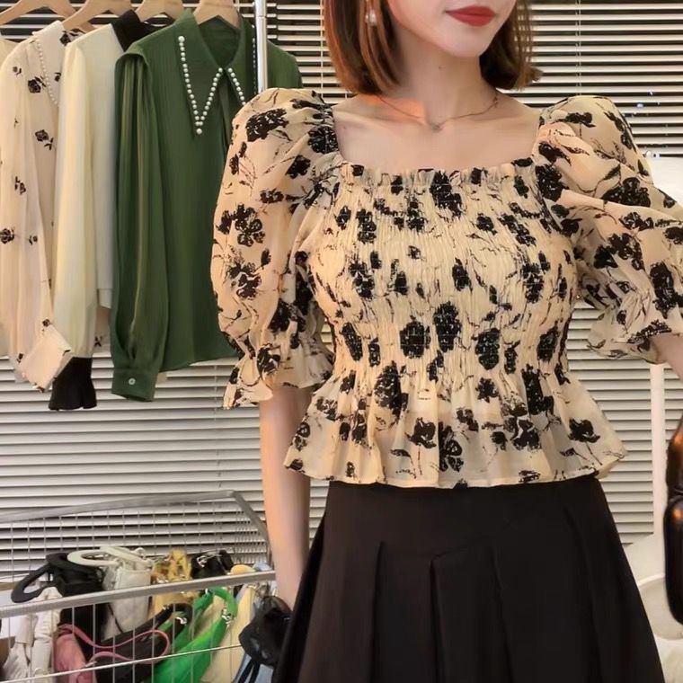 Áo Kiểu Chiffon Cổ Vuông Họa Tiết Hoa Phong Cách Retro