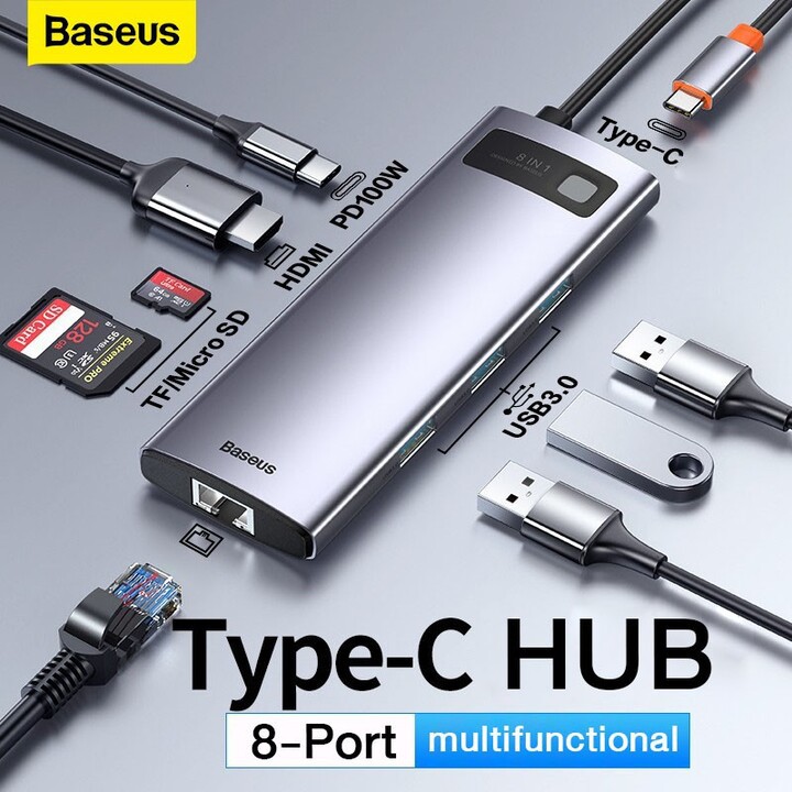 Hub chuyển đổi đa năng 8 trong 1 Baseus CAHUB-CV0G (Type-C to HDMI/ USB3.0/ LAN / SD Card Reader/ Type C PD 100W)