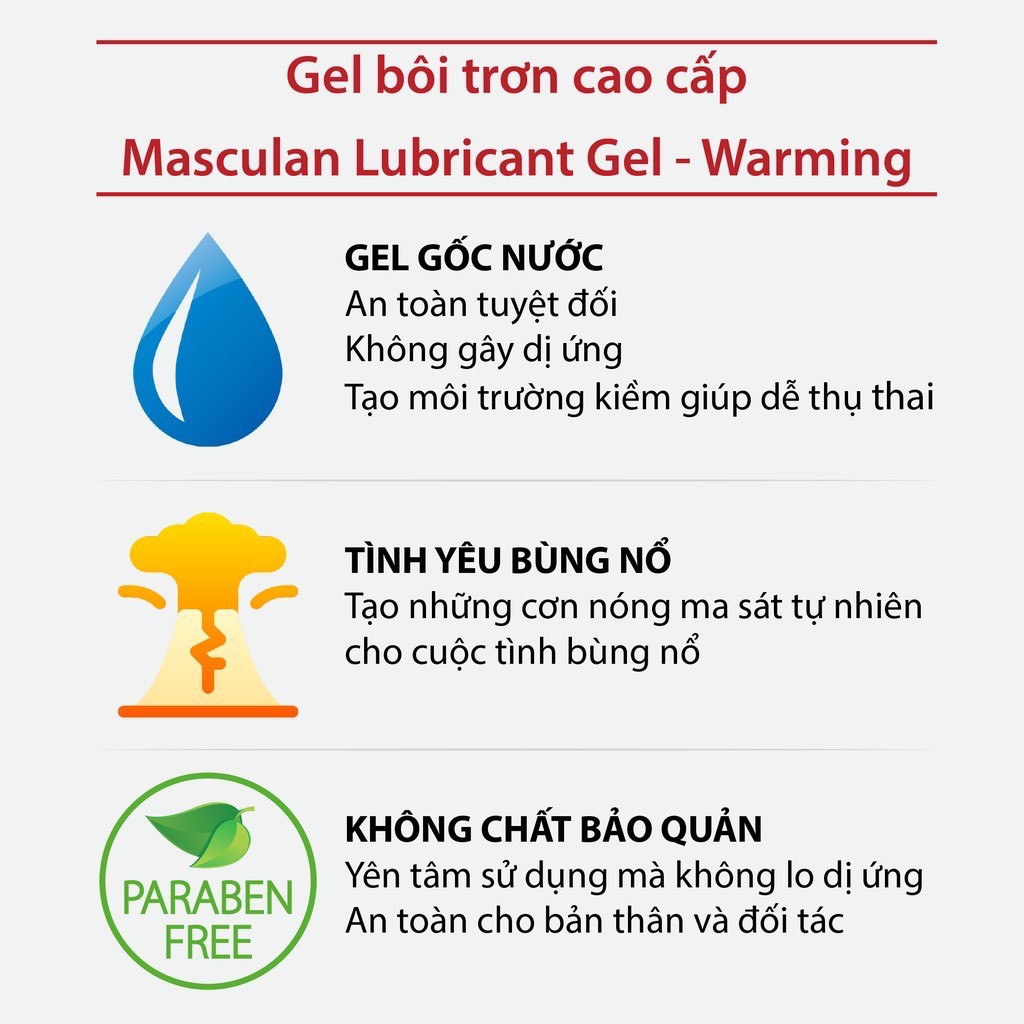 Gel bôi trơn cao cấp Masculan - Nồng ấm - Kích thích khi quan hệ - Gốc nước - Không chất bảo quản - An toàn - 75ml