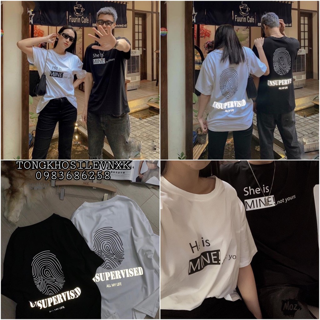 ÁO THUN HE IS MINE PHẢN QUANG IN HÌNH VÂN TAY SAU LƯNG ĐEN TRẮNG HOT
