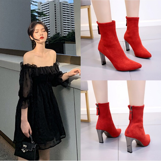 Giày boot nữ cổ lửng đế 8cm da lộn màu đỏ GBMN-01R2