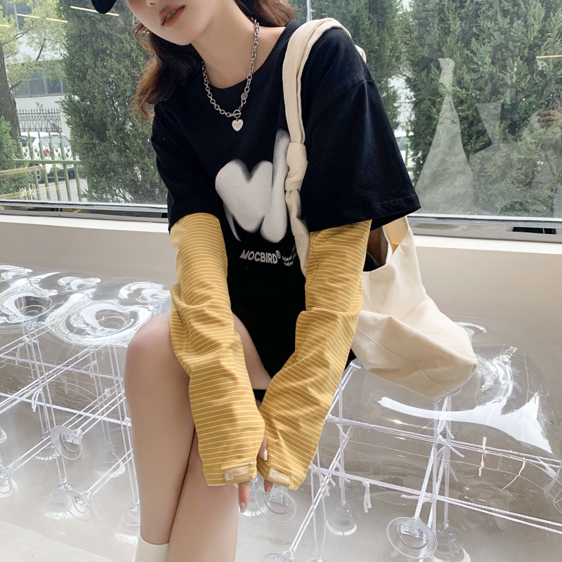 Găng Tay Dài Chống Nắng Bằng Cotton Thoáng Khí Họa Tiết Kẻ Sọc Chống Tia Cực Tím