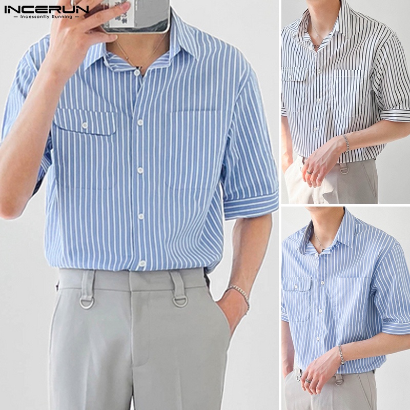 Áo sơ mi INCERUN ngắn tay họa tiết kẻ sọc thời trang mùa hè cho nam