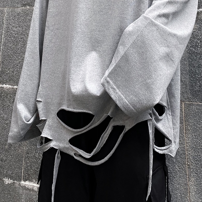 Áo thun tay dài màu trơn thiết kế rách cá tính 222009 Áo thun tay dài dáng rộng vải mỏng kiểu Hip-Hop đường phố cá tính | BigBuy360 - bigbuy360.vn