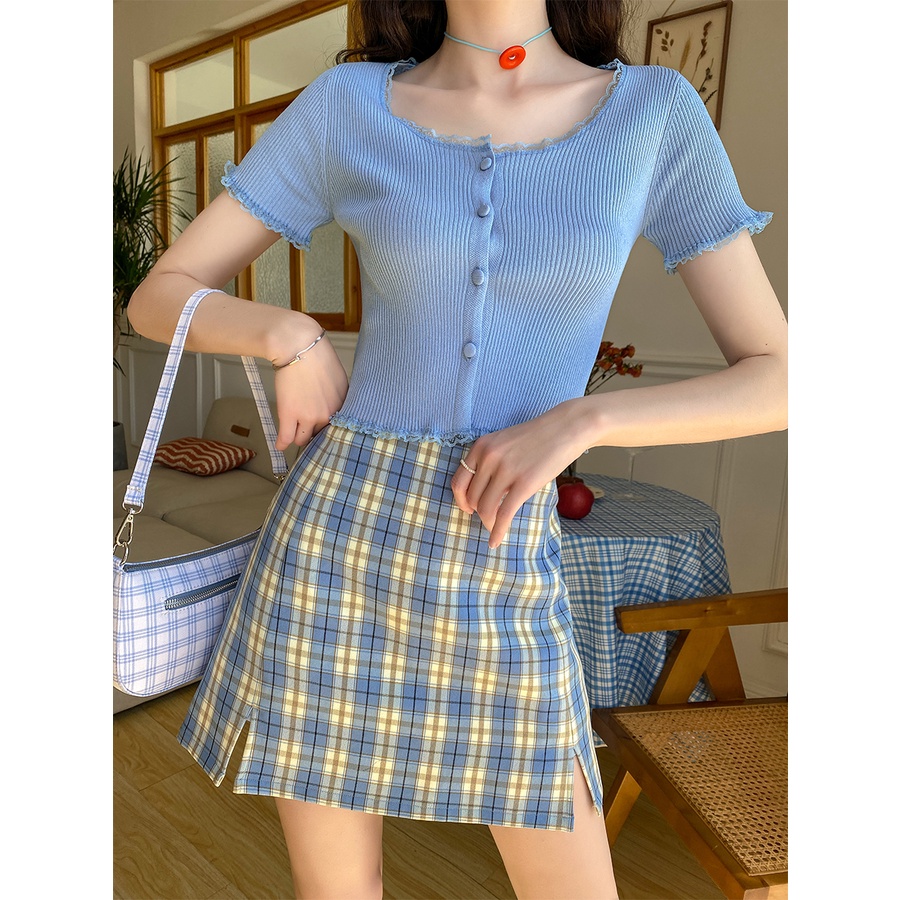 Áo croptop dệt kim SUXI phối ren phong cách hàn quốc xinh xắn cho nữ