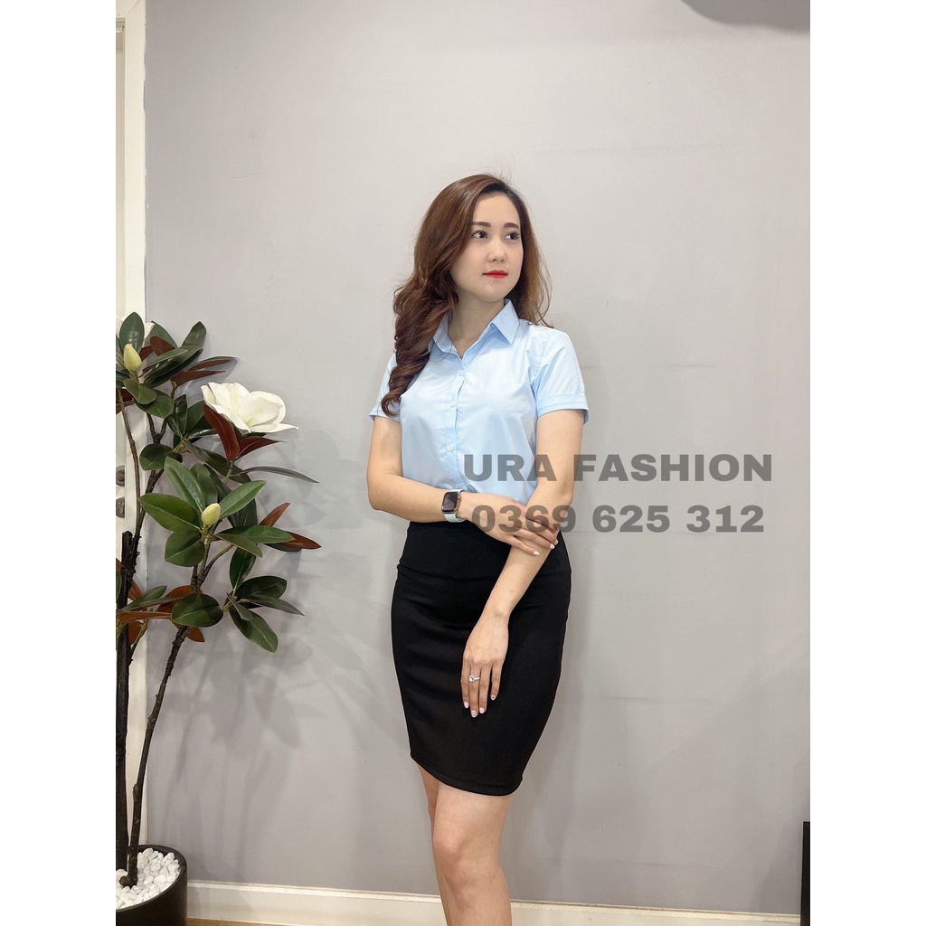 Áo sơ mi URA công sở nữ Tay Dài cao cấp dáng Bassic không túi, ít nhăn, không bị xù lông màu Xanh cộc
