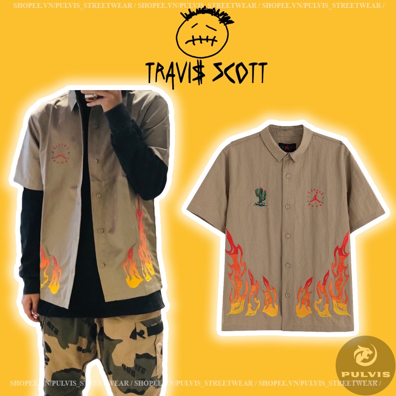 - Áo Travis Scott Cactus Jack x Jordan Button Down Shirt Khaki/University Red, áo khoác Travis Scott