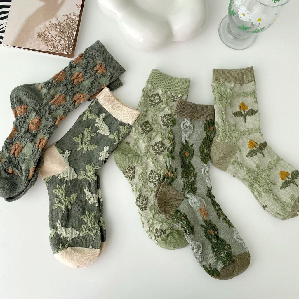 Vớ cotton dệt kim mềm mại thoải mái thoáng khí phong cách Harajuku cổ điển màu xanh lá