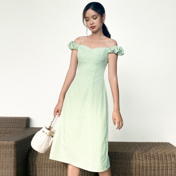 RECHIC Đầm Tiana Màu Xanh cổ vuông hai dây nhún bèo dáng dài dễ thương xinh xắn trẻ trung