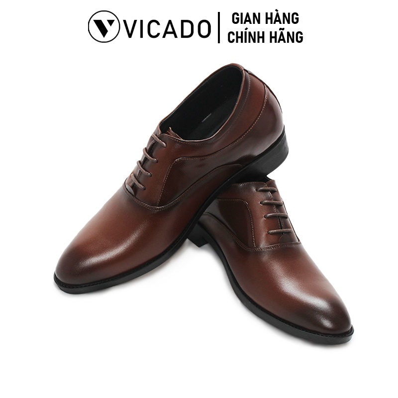 Giày tăng chiều cao nam da bò cao cấp công sở Oxford Vicado VB0115 màu nâu buộc dây