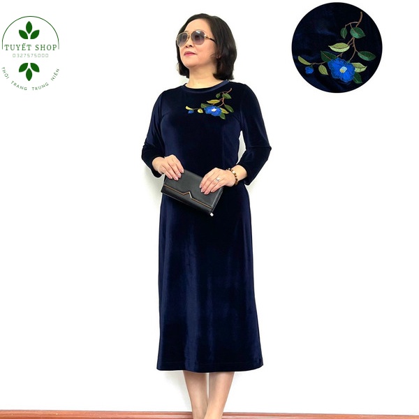 Váy Trung Niên Nhung Dài Tay Quá Gối Cho Các Mẹ