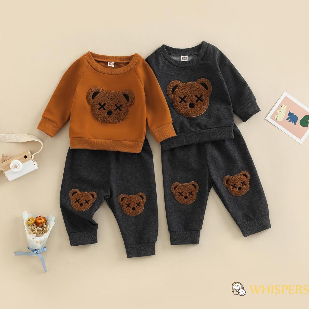 Set Áo Thun Tay Dài Cổ Tròn Thêu Hình Gấu + Quần Dài Lưng Thun Cho Bé Trai