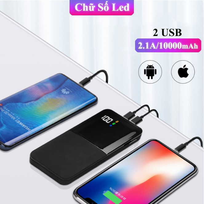 Pin Sạc Dự Phòng Siêu Mỏng Mặt Kính Mini Z80 10000mAh Power Bank Sạc Nhanh 2.1A Đèn Led Chữ Số 2 cổng đầu ra USB