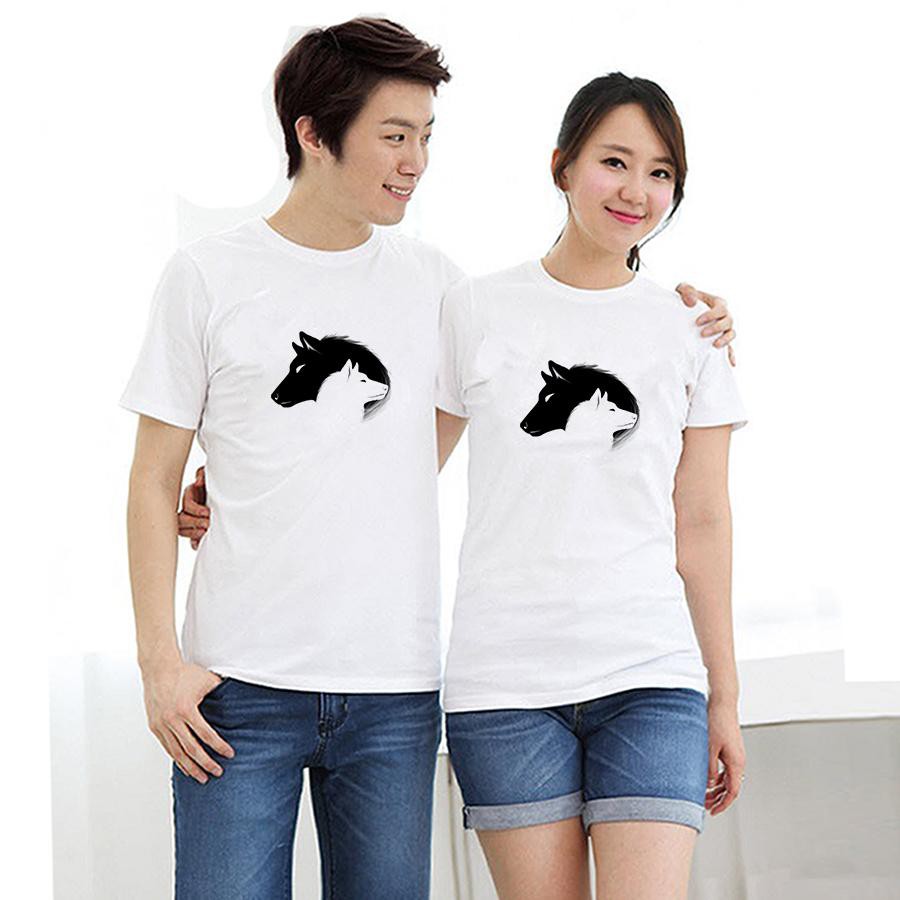 Áo thun cặp đôi in hình sói trắng đen form rộng phong cách hàn quốc