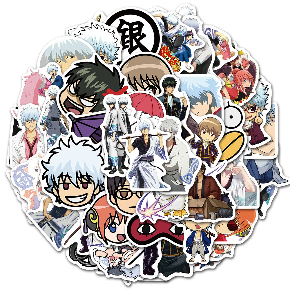 Set 50 sticker chống thấm nước họa tiết hình hoạt hình Gintama dễ thương