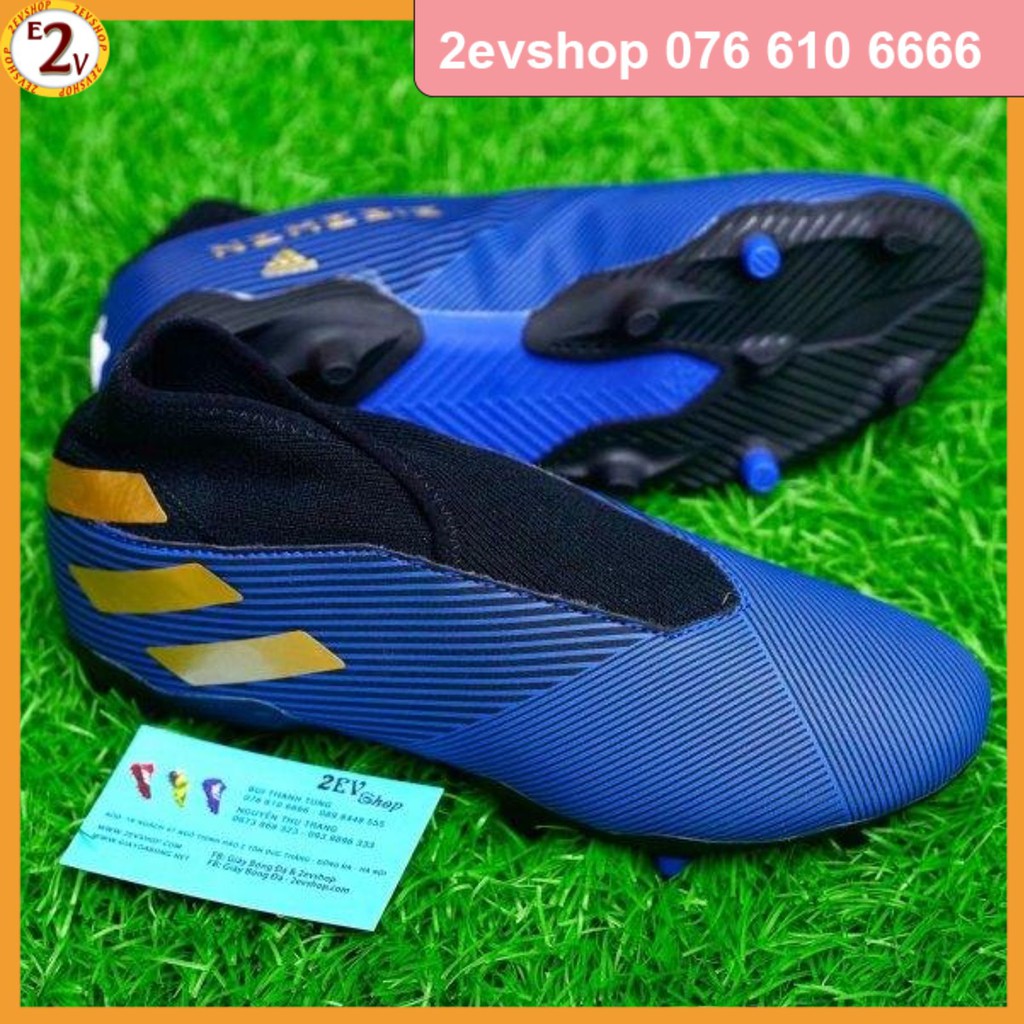 Siêu Chất [Tặng Túi/Tất] Giày Đá Bóng Cỏ Thật 𝗙𝗚 𝗡𝗲𝗺𝗲𝘇𝗶𝘇 𝟭𝟵+ Xanh Tím Than Cao Cổ Đã Khâu