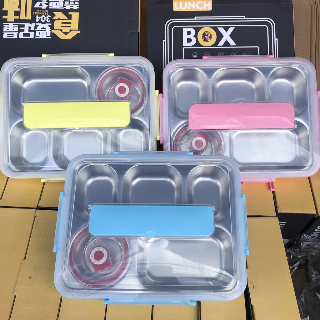 Khay Cơm Inox 5 Ngăn LUNCH BOX Có Nắp Đậy An Toàn Vệ Sinh - Kèm Thìa Và Đũa