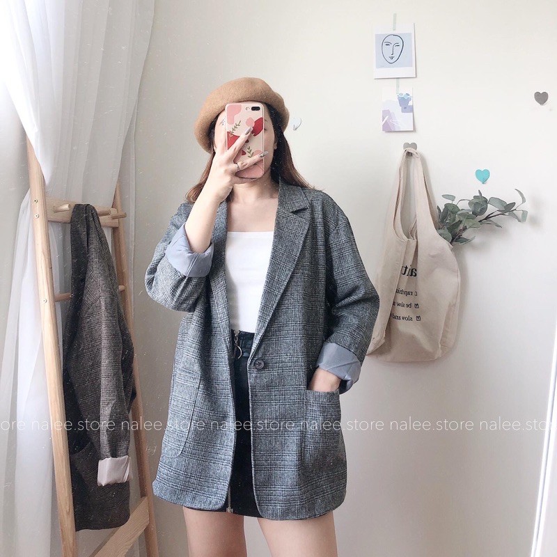 Khoác blazer dạ kẻ 2 lớp