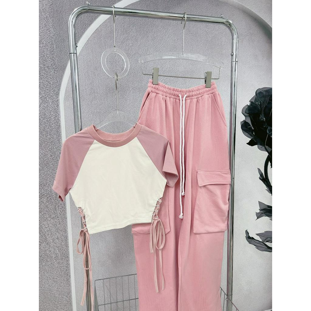 SET CROPTOP RAPLAN ĐAN DÂY EO QUẦN SUÔNG HỒNG TÚI HỘP (TH)