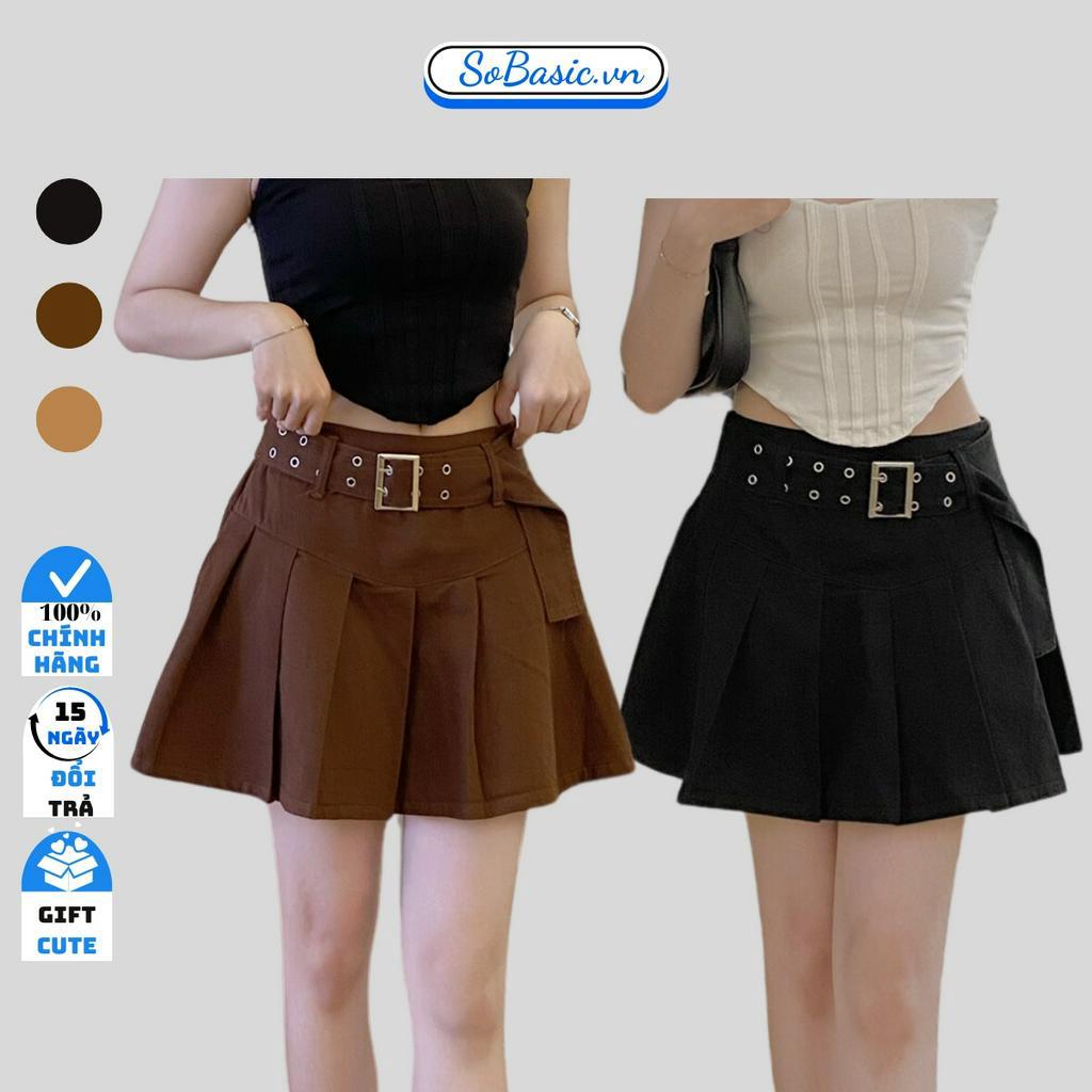 Chân váy kaki xếp ly dáng xòe có quần trong Sobasic kèm đai nịt cạp lưng cao tôn dáng