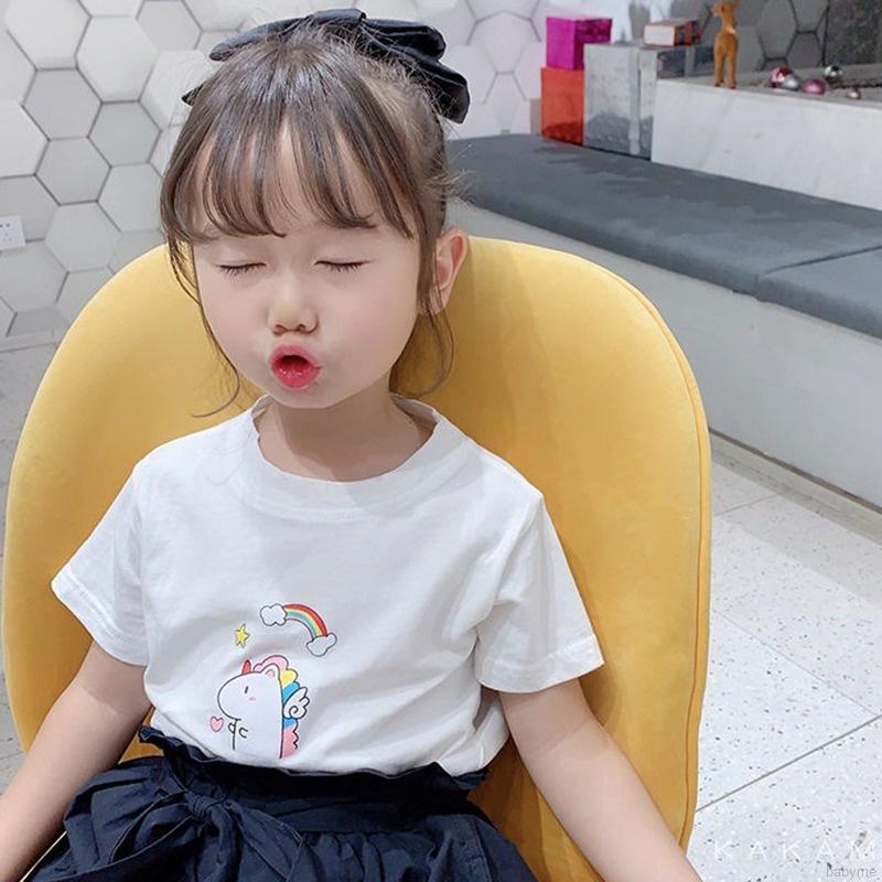 Áo thun tay ngắn chất liệu cotton in họa tiết hoạt hình phong cách Hàn Quốc dành cho bé gái