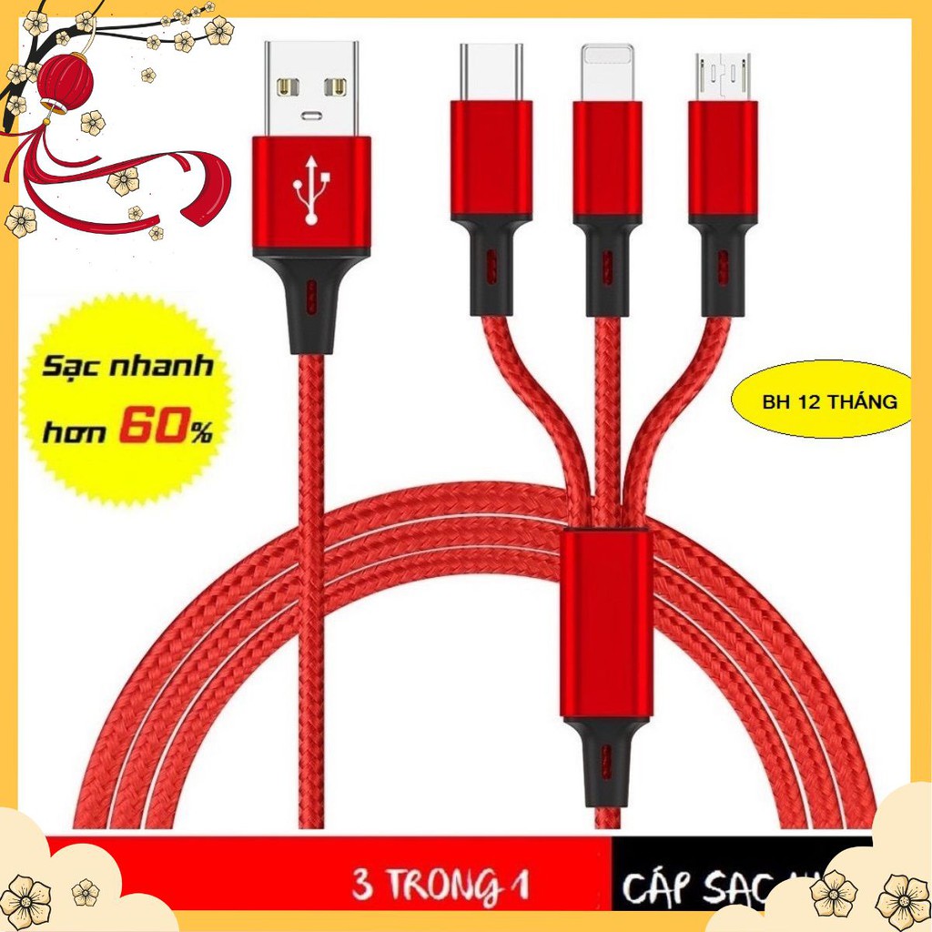 Cáp Sạc 3 Đầu Đa Năng 3 in 1 Dùng Cho Samsung Oppo Xiaomi Apple PVY-28 domanh_xl | Dây dù