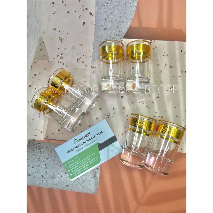 Bộ 6 ly chén uống rượu thủy tinh đế tròn dày khảm họa tiết vàng cao cấp