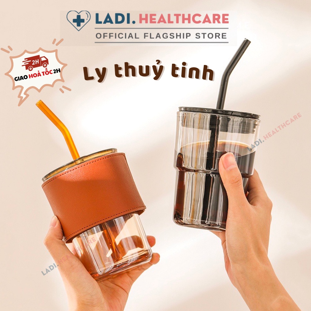 Cốc thuỷ tinh 450ml tặng Sticker trang trí ly, bình nước thuỷ tinh có nắp kèm bao da