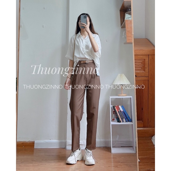 [Ảnh thật/Video] Quần baggy chất trượt thái mịn Quần âu vải baggy nữ form vừa mặc mát tặng kèm đai siêu hách dáng