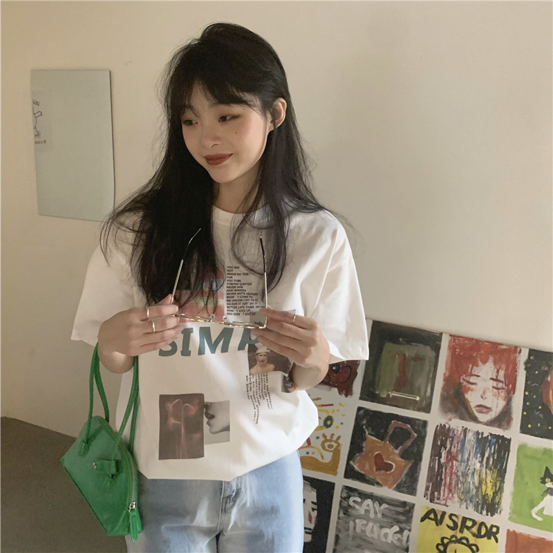 SUXI Áo thun tay ngắn cổ tròn dáng rộng phong cách cổ điển nữ tính