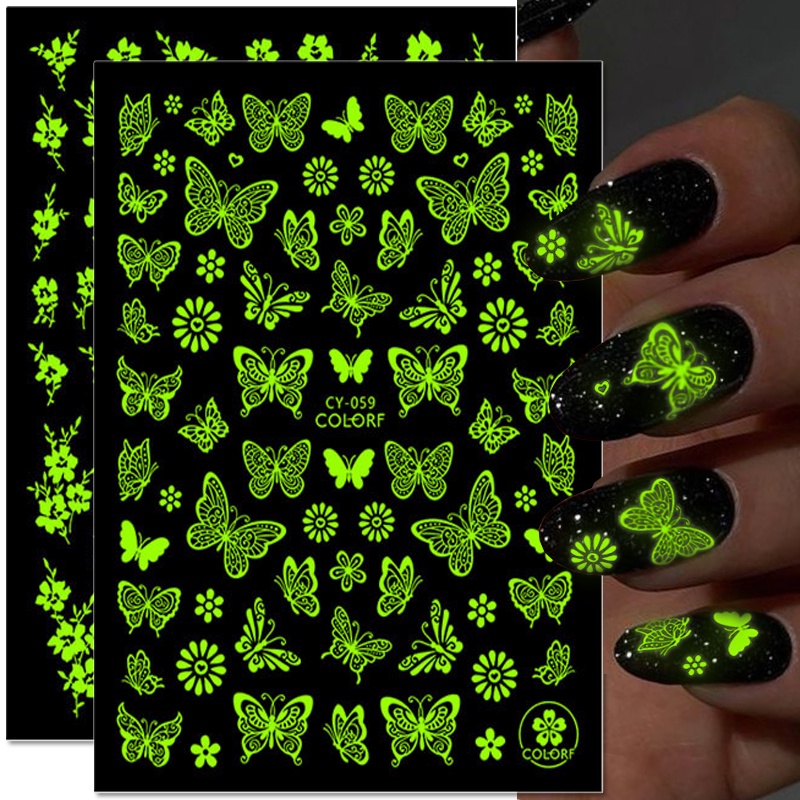 Nhãn Dán Móng Tay 3D Dạ Quang Hình Hoa Lá Bướm Thiên Thần