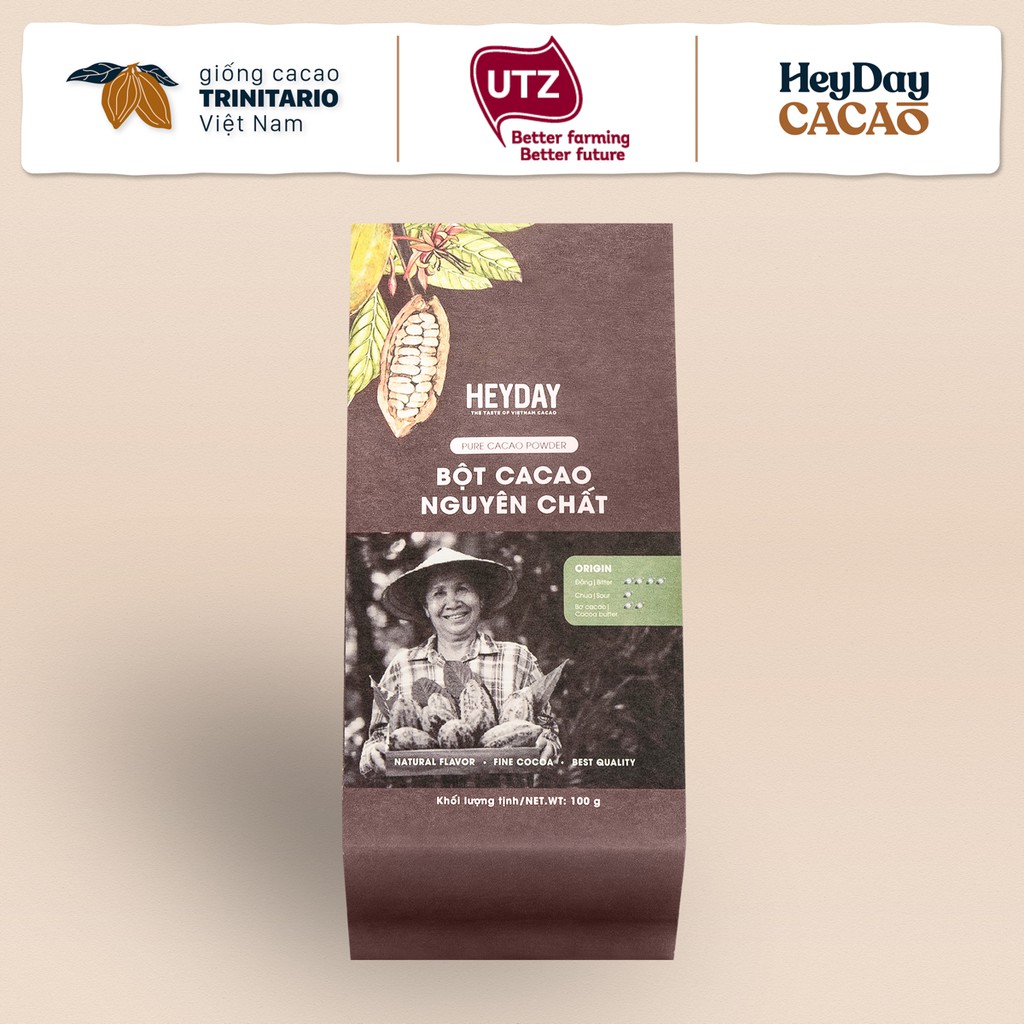 Bột cacao nguyên chất 100% không đường Heyday - Dòng Origin thượng hạng 100g - Chuẩn UTZ Quốc Tế